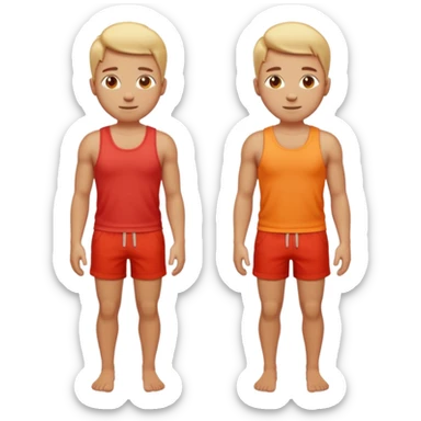 Emoji-style person standing in beach shorts, skin visibly sunburned and red on arms, legs, and face, but chest and shoulders clearly lighter with tank top tan lines. Expression shows mild pain or discomfort, cute rounded emoji design, soft 3D shading, vibrant colors sticker