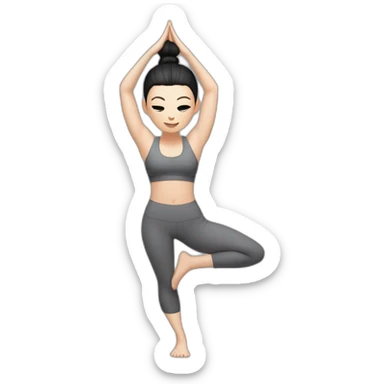 Pale skinned fit woman In a gray tight yoga suit and wristbands With black hair in a bun doing yoga sticker