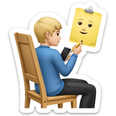 Memoji sitting on a chair from behind (pnly hair and back of the chair shown) writing on a sticky note  sticker