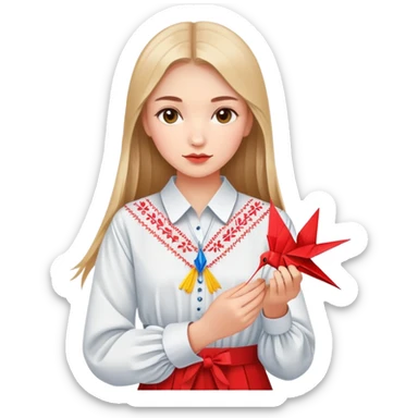 Ukrainian young girl in traditional embroidered vyshyvanka shirt holding a red origami paper crane sticker