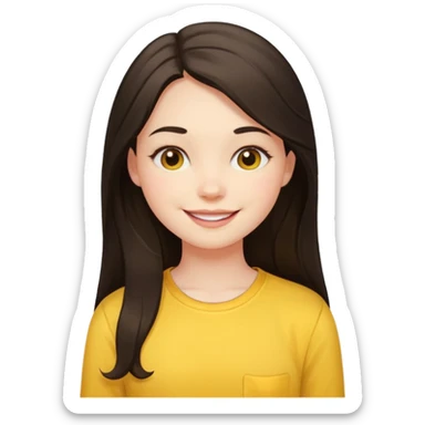 girl on her laptop, long dark hair white skin and yellow shirt long sleeves, smiling sticker