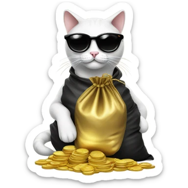 cat in brutal dark glasses with a bag of gold coins sticker