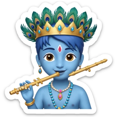Cute young Krishna emoji, soft blue skin, peacock feather on crown, charming smile, holding a flute, big expressive eyes, round chibi emoji style, divine and joyful look." sticker