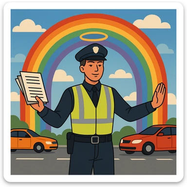 A traffic officer, angelic halo, rainbow in background, both hands out: one hand holding documents, the other hand with cars passing by. sticker