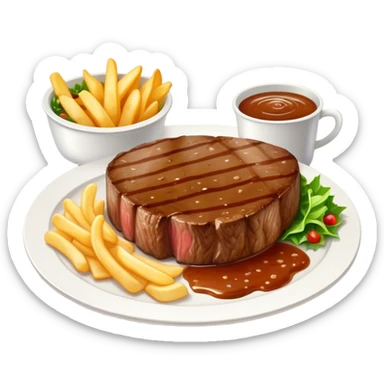 big juicy australian steak meal featuring chips, small salad in a ramiken and gravy  sticker