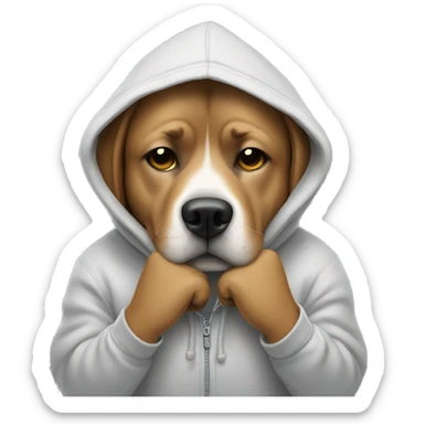 dog wearing a hoodie and holding hands on eyes sticker