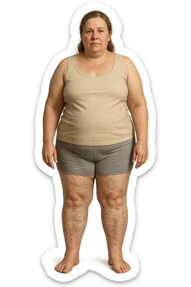 donna realistica leggermente in sovrappeso con vene visibili sulle gambe e gambe gonfie, iperrealistica 4k, IPERREALISTICA 4K sticker