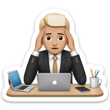 A man in corporate attire sitting at a desk, having fatigue hands on head while working on a laptop sticker