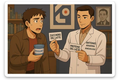 fai un webtoon manga a colori con questo stile, in cui un uomo fa una domanda al kinesiologo con il camice bianco (fagli anche la scritta "ANTONIO ANANIA" SUL CAMICE, l'uomo chiede una cosa mostrando un formaggio e uno yogurt al kinesiologo con il camice, IL KINESIOLOGO annuisce e SPIEGA ALL'UOMO UNA cos. L'UOMO ha un ESPRESSIONE CONFUSA IN VOLTO. non fare i fumetti però, fai solo in modo che sembri stiano parlando sticker