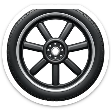 Front-view wheel, perfectly symmetrical, 6-8 short thick spokes, very wide heavy outer rubber rim, simple clean design, centered. sticker