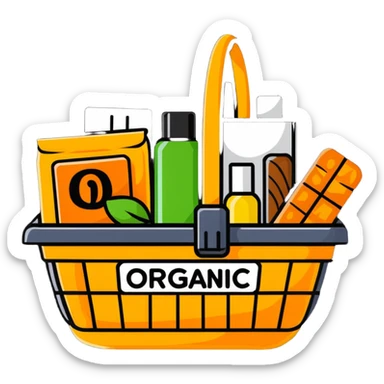 basket of organic products with a home delivery sign sticker