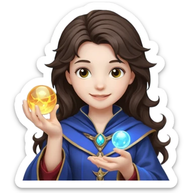 A teen brunette mage with tousled hair, holding a tiny glowing orb and smiling confidently. sticker