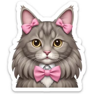 A grey Maine coon Neck Wearing a pink Bow tie  ribbon sticker