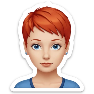 27 year old white woman, red hair, pixie cut, blue eyes sticker