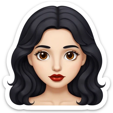 Woman with wavy long black hair, arched medium brown eyebrows, brown eyes, reddish lips, mole on the lip  sticker