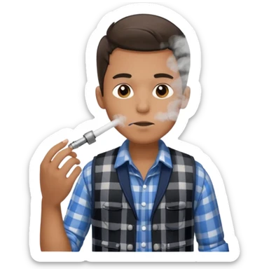 Vaquero camisa de cuadros blanca con negro y chaleco azul  joven sacando humo  sticker