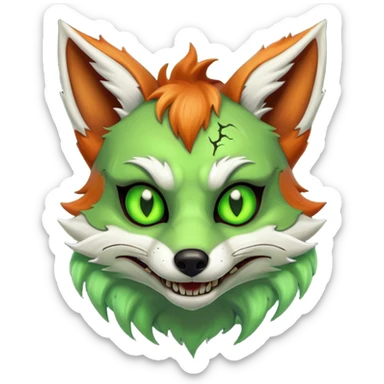 zombie fox portrait, head and shoulders only, torn tail fur visible, sinister grin, glowing toxic eyes, spooky fantasy style, 3D cartoon, mobile game icon style, clean background, no text, no watermark
 sticker