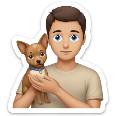  brunette guy with blue eyes and a small sand-colored dog sticker