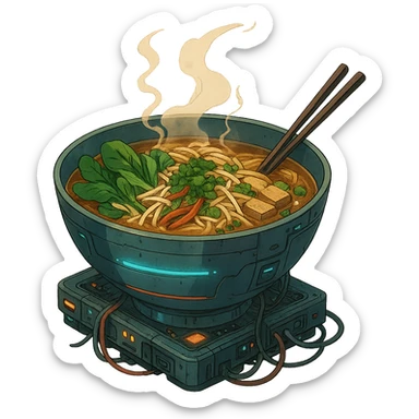 cyberpunk futuristic, scifi, a bowl of delicious VEGAN pho, ramen, piping hot sticker