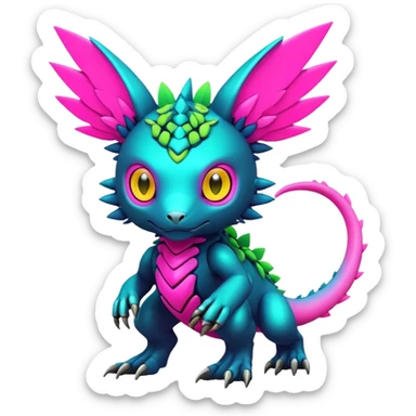 Tropical lush warm-colored modern colorful neon-colored cyber-Fakémon-Digimon-Trico-creature sticker