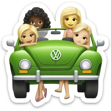 Two Caucasian blonde girls and two Caucasian brunette girls driving a green vw convertible sticker