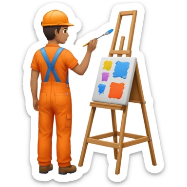 painter in orange overalls standing full body facing away sticker