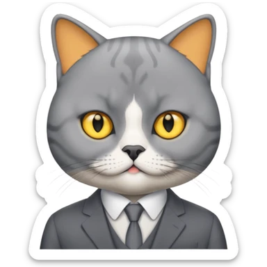 British Shorthair with yellow eyes wears gray suit attends a press conference. sticker