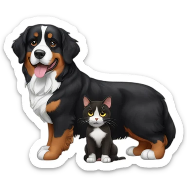 Bernese dog beside A brown and black cat without white sticker