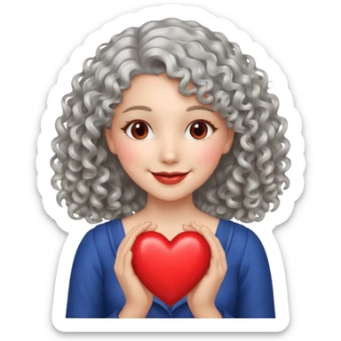 silvery curly/wavy shoulder-length hair smiling lady holding a heart sticker
