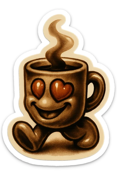 Ink wash style, coffee cup creature, big heart eyes, dopey smile sticker