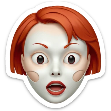 Empty mask resembling a head of a female with short red hair, hollow eye sockets and open mouth sticker