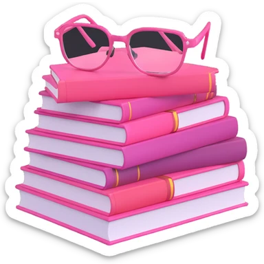 A pile of pink books with glasses on top sticker