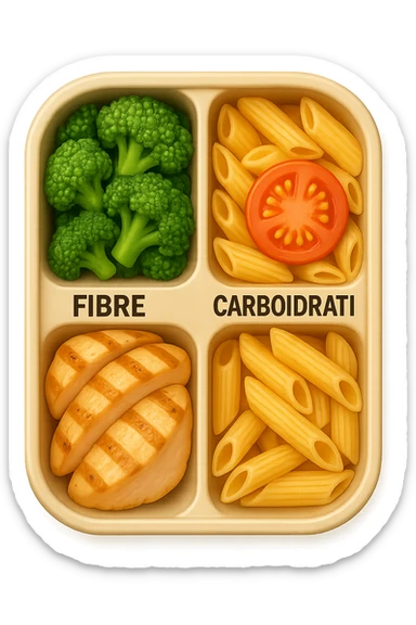 EMOJI STILE IPHONE DI una schiscetta vista dall'alto con 3 porzioni ben distinte: nelle porzioni scrivi le parole FIBRE, PROTEINE, CARBOIDRATI, iperrealistica 4k sticker