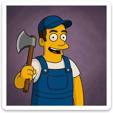 Regenerate the image keeping the same angle, facial expression, clothing, size and shape proportions, but replace the wrench in the right hand with a medieval axe. Maintain the style and color scheme as in the original image. sticker