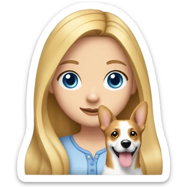 a girl with long blonde hair, she has blue eyes and a narrow nose and in her hands is a dog corgi sticker