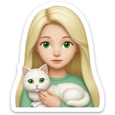 A cartoon-style digital illustration of a fair-skinned young woman with long blonde hair and brown eyes gently holding a fluffy white cat with green eyes against a white background. sticker
