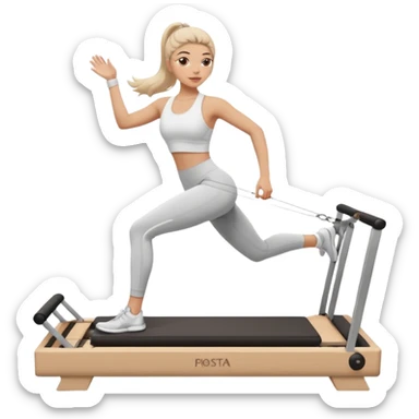 a girl doing reformer pilates, she is wearing a white fit and she has dark straight and loose hair.  sticker