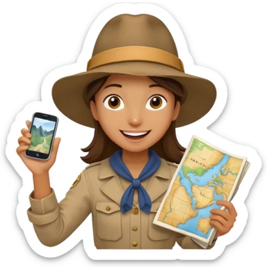 A curious explorer with wide hat, map in hand, and excited adventurous smile.
 sticker
