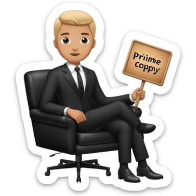 A man in a black suit sits on a black leather chair and holds a sign that says PrimeCopy sticker