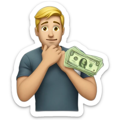 guy with money on his hand and thinking with his hand on his chin  sticker