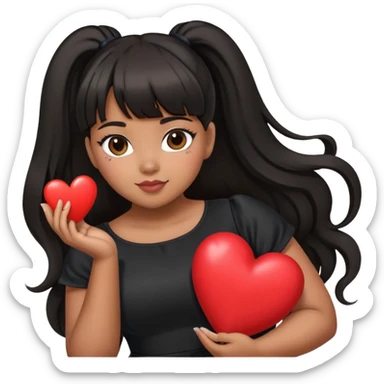 Latina girl with bangs black long hair in pony tail plus size black dress holding a heart sticker