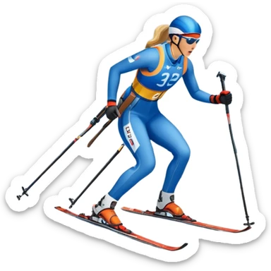 An icon featuring a biathlete in motion, holding a rifle and skiing across a snowy course. The backdrop includes snow-covered trees, distant mountains, and a clear blue sky. Transparent background highlights the precision, endurance, and excitement of biathlon. sticker
