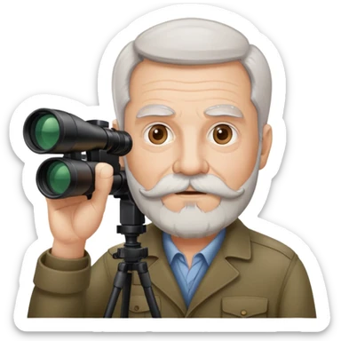 Older Man, white skin, full head of hair, beard & mustache, brown hair, holding spotter scope sticker