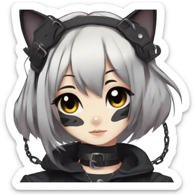 Gorgeous gothic dark techwear anime style anthro cat with blushing face aesthetic and pretty edgy black with collar and harness trending style sticker
