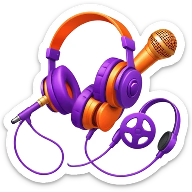 Create a dynamic and creative emoji that represents voiceover and dubbing. The design should feature a microphone, a pair of studio headphones, and sound waveforms to symbolize the recording and manipulation of voice. Add subtle details like a film reel or a speech bubble to represent the dubbing aspect. Use vibrant colors like orange, red, or purple to evoke energy and creativity in voiceover work. The background should be transparent. sticker