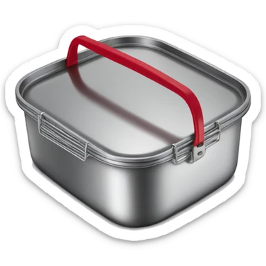 a stainless - steel food container with a red handle on the lid sticker