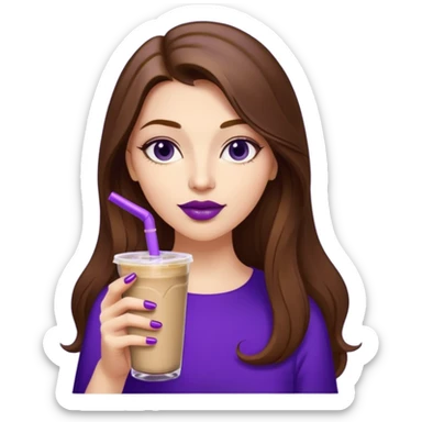 girl with long brown hair, wine lipstick, gold nail polish, drinking a blueberry butter pecan iced coffee with a purple straw  sticker