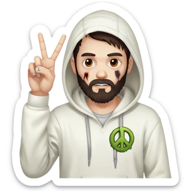 zombie with peace sign gesture wearing white hoodie, with dark brown hair and short full beard sticker