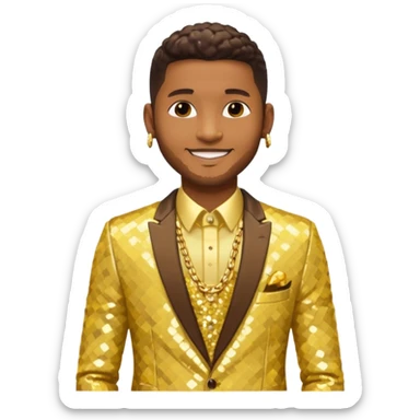 Usher with dark brown, butter yellow sequin suit jacket, shirtless with necklace sticker