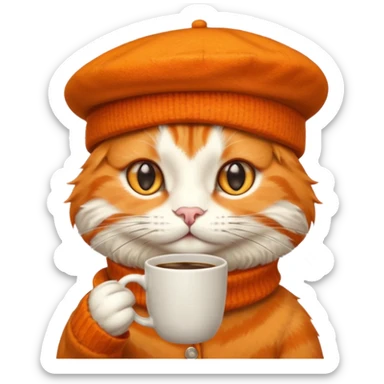 Orange cat, wear beret hat, holding coffee mug sticker